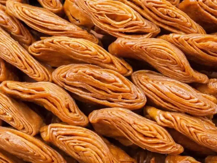 A shot of a traditional Rath Yatra Food Khaja stacked on top of each other