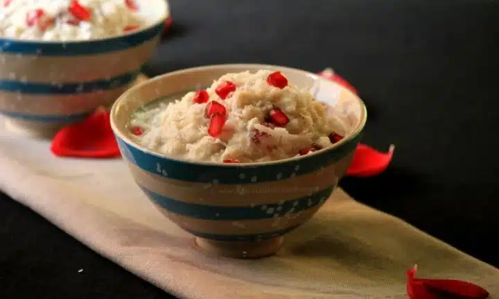 A shot of a traditional Rath Yatra Food Makara Chaula with an appealing vibrant look of the assorted pomegranate