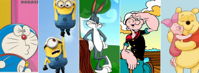 Cartoon characters- doraemon, minions, bugs bunny, popeye, pooh