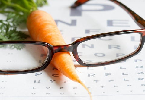 An Image of glasses over a carrot in place of nose with a background of letters in different sizes on a paper