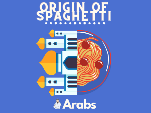 An original illustration of Origin of Spaghetti. The illustrations features purple-ish background, origin of spaghetti underlined by dots on top, vector of half plate with spaghetti and architecture from Arabs as other half in center, vector and text of Arabs in bottom.