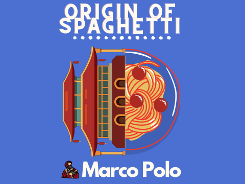 An original illustration of Origin of Spaghetti. The illustrations features purple-ish background, origin of spaghetti underlined by dots on top, vector of half plate with spaghetti and architecture from china as other half in center, vector and text of marco polo in bottom.
