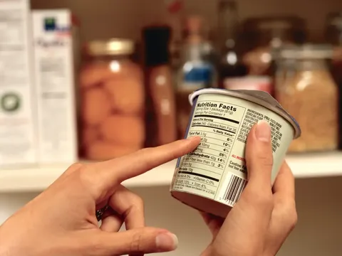 One hand holding a can while other points with one finger at "Nutrition Facts"