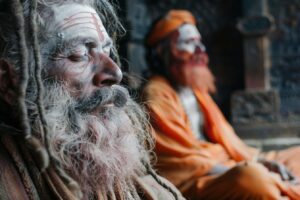 two old sad brahmans with traditional face paint and long hair sitting in the background of an ancient temple at Kailash